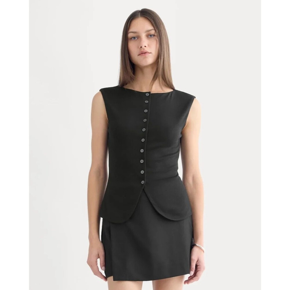 Everlane The Sleeveless Button-Up In Butterluxe XL Black Boatneck Office NEW B6